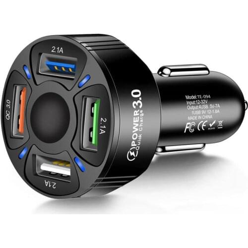 Car Charger 4 USB Ports Charger Quck Charge 3.0 12V-32V Car Phone Sockets Power Plug Outlet With LED Light For All Mobile Phones