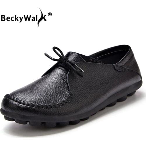 BeckyWalk Plus Size Women Shoes Lace Up Genuine Leather Women Flats Spring Autumn Casual Ladies Shoes sapato feminino WSH2707