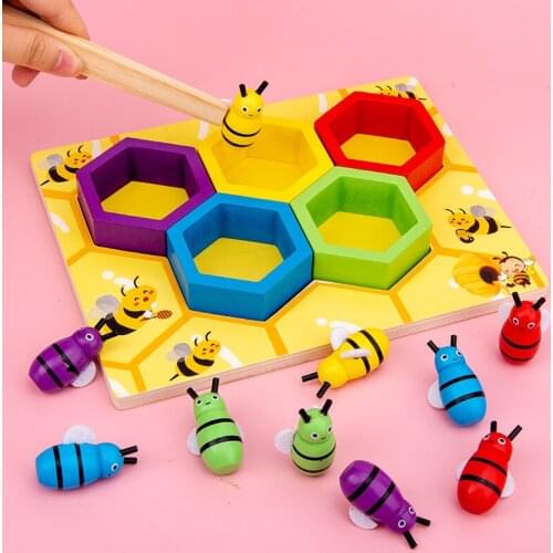 Montessori Wooden Toys Hive Board Games Children Early Education Clip Catch Bee Sensory Toys For Kids Hand-eye Coordination Game