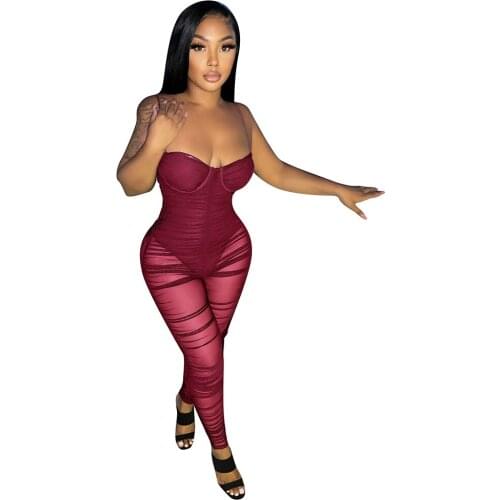 Elegant Sreapless Sheer Mesh Patchwork Bodysuit Rompers Women Jumpsuit Sexy Stacked Pants See Through Bodycon Jumpsuit Women