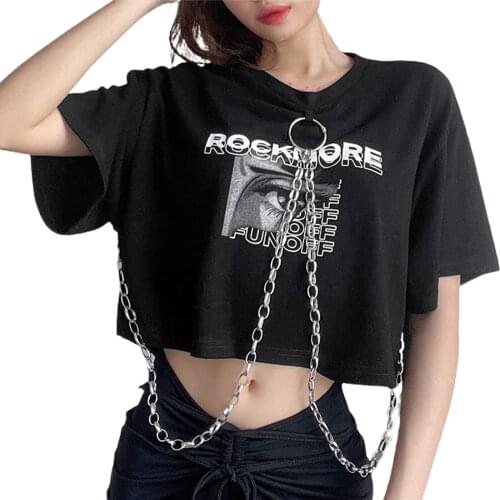Summer Ladies Round Collar T-shirt, Eye Letter Printing Chain Decoration Short Sleeve Midriff-baring Tops Loose Base Shirt