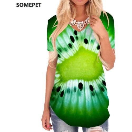 SOMEPET Kiwi T-shirt women Fruit Funny T shirts Dizziness Shirt Print Green V-neck Tshirt Womens Clothing Summer Loose Style