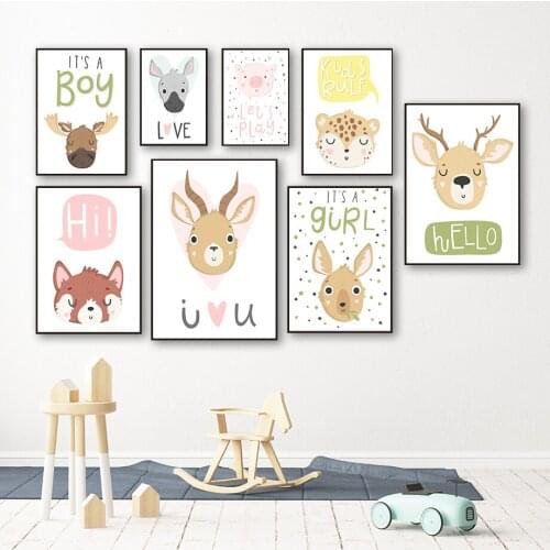 Kawaii Pig Raccoon Deer Antelope Leopard Animals Art Canvas Painting Nordic Posters And Prints Wall Pictures For Kids Room Decor