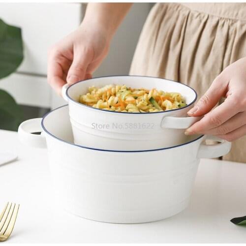 Nordic Style Simple Ceramic Double Ear Bowl Salad Bowl Anti-scalding Hot Noodle Bowl Dessert Breakfast Oatmeal Bowl Tableware