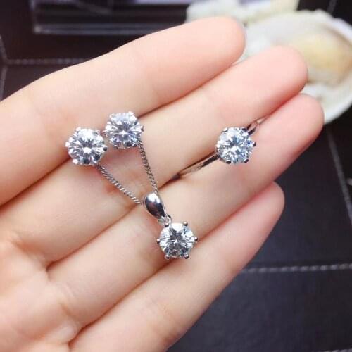 Exquisite glitting moissanite gemstone ring earrings and necklace jewelry set with real 925 silver round natural gem very shiny