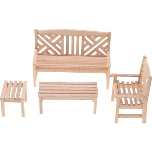 1/12 Dollhouse Miniature Unpainted Furniture Garden Park Decor Bench Chair Table Stool Set Kids Pretend Play Toy
