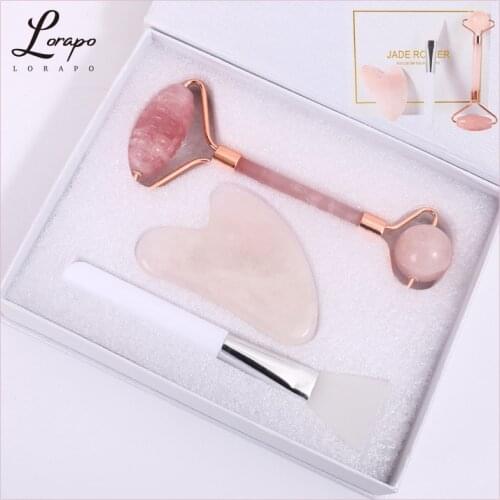 Rose Quartz Massager Natural Jade Roller Facial Massage Jade Roller Spatula Facial Mask Brush Three-piece Beauty Massage Tool