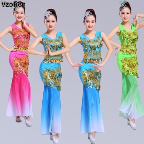 Minority Peacock Dance Costumes Dai Dance Dresses Sequin Tassel Exposed Navel Chinese Folk Dance Costume Women Wear Clothing