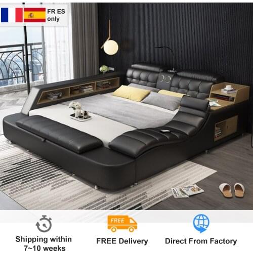 Genuine leather bed frame Soft Beds massager storage safe speaker LED light Bedroom cama iphone recharging bluetooth safe USB