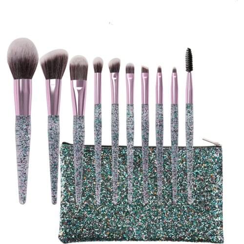 10pcs/set Crystal Glitter Makeup Brushes Set Pro Foundation Brushes Blending Concealer Make Up Brush Set with Bag