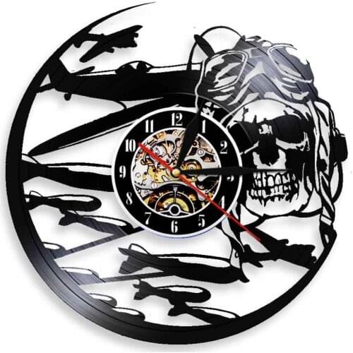 Dead Pilot Propeller Aircraft Art Sugar Skull Vinyl Record Wall Clock Home Decor LED Wall Light Hanging Watch Horror Lighting