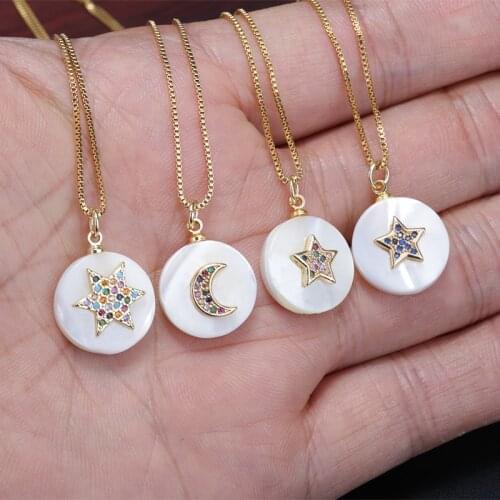 Multiple cz evil eye fatimas hand cross cat star heart moon star gold charm white shell beads pendant choker necklace for woman
