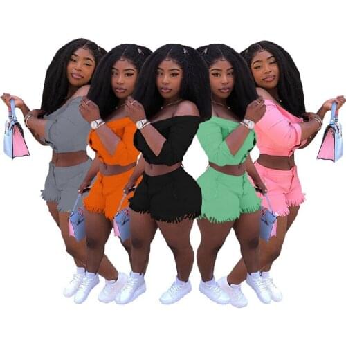 CM.YAYA Sporty Fashion Active Wear Fitness Tracksuits Off Shouder 2 Piece Set Women Workout Crop Top Tassel Shorts Matching Set