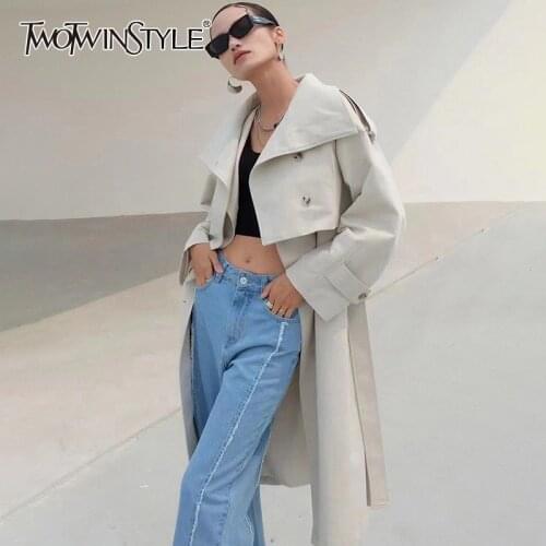 TWOTWINSTYLE Elegant Apricot Two Piece Set Women Lapel Long Sleeve Short Coats Korean Fashion Trench Loose Womens Suit 2021 New