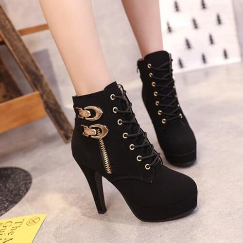 Sexy High Heels Womens Boots Stiletto Waterproof Zipper Round Toe Big Size Female Motorcyclesboots High Heels with Martin Boots