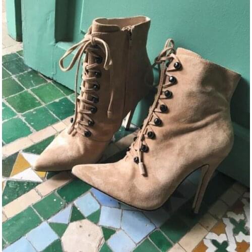 Celebrity runway ankle boots suede leather pointed toe studded short boots women high quality suede lace-up high heel boots