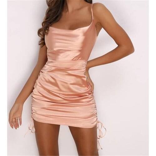 Women Satin Mini Dress Fashion Solid Color Sleeveless Spaghetti Strap Dress with Drawstring for Summer Party Clubwear 10 Colors