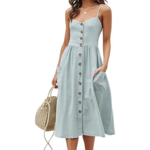 50% Hot Sales Women Sling Dress Solid Color Single-breasted Spaghetti Straps Backless Midi Dress for Summer