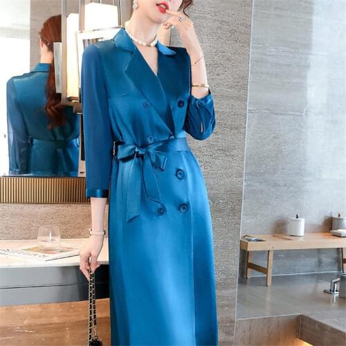 Work Dresses For Women 2021 Office Spring Autumn Fashion New Temperament Slim Ladies Blue Acetate Satin High-End Suit Dress M23