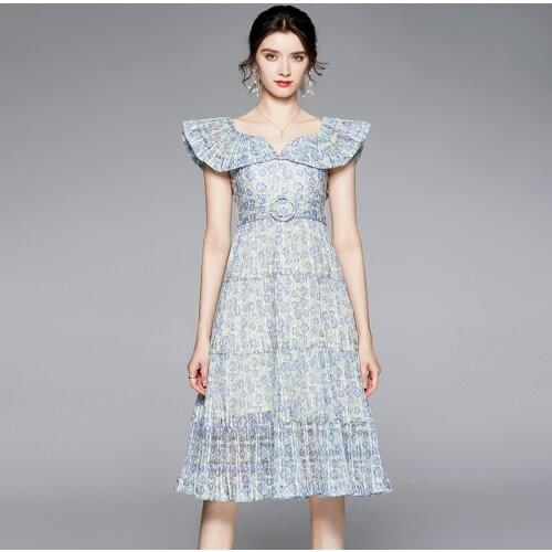 Elegant Summer Flower Dress Women Ruffles Butterfly Sleeve Backless Floral Print Sashes Pleated Party Chiffon Vestidos k6188