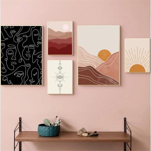 Abstract Sun Mountain Landscape Poster Face Line Drawing Canvas Painting Skyline Art Prints Nordic Wall Art Pictures Home Decor