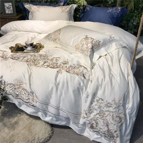 White 120S Egyptian Cotton Luxury Embroidery Royal Bedding Set King Queen Wedding Bed Sheet Cover set Duvet Cover 4pcs 5 color