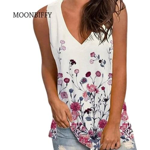 Sleeveless Top Blouse Casual Vest T Shirt V Neck Loose Summer Vintage Tanks Tops Women Floral Printed Cotton Linen Female 2021