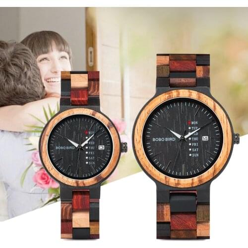 BOBO BIRD Couple Watch Colorful Wooden Strap Clock Timepieces Week Date Display Quartz Wood Wristwatch for Men Women reloj mujer