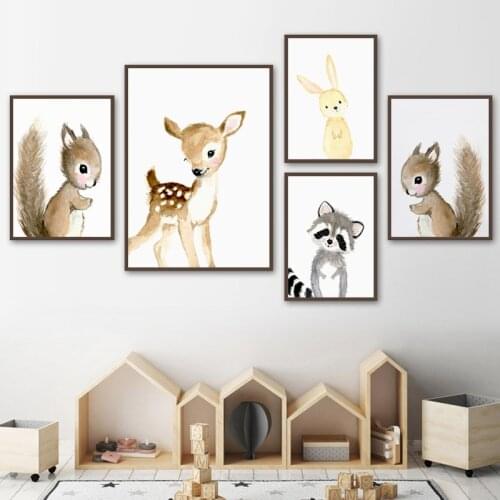 Nursery Woodland Wall Art Rabbit Deer Canvas Painting Baby Animal Posters and Prints Neutral Squirrel Pictures for Living Room