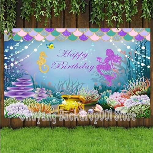 Little Mermaid Ariel Photography Backdrop Princess Girls Birthday Party Photo Studio Background Decor Banner Prop