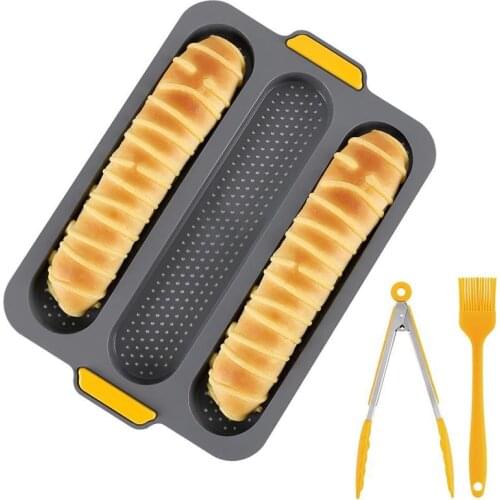 Bread Bake Ware Non-Stick Silicone Baguette Bread Toast Mold Perforated French Bread Mold with Brush and Bread Clip
