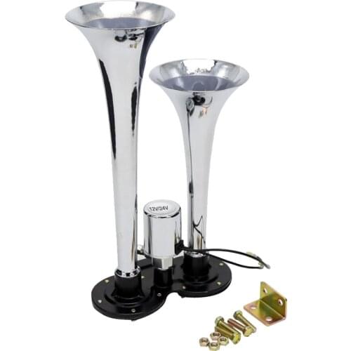 12V/24V DC Dual Trumpet Air Horn Compressor Kit Super Loud 150db Car Truck RV Boat Train Air Horn 29.5cm Silver