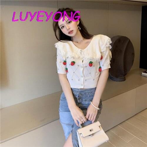 Korean Fashion Clothes Peter Pan Collar Lady Crystle Sweet Strawberry Short Sleeve Tops Kawaii Girl White Knit Cardigan Sweater