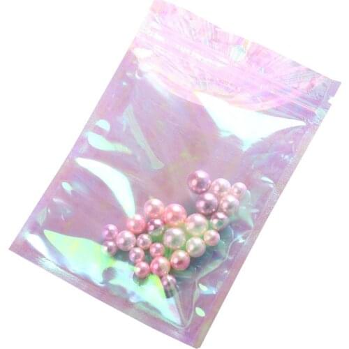 Thick Reclosable Holographic Pink Zipper Packaging Bag Cosmetic Jewelry Flat Pouches Laser Small Plastic Zip Lock Bags 100pcs