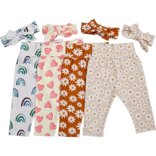 Newborn Baby Pants Floral Rainbow Print Baby Girl Clothes Spring Autumn Toddler Boys Trousers Cotton Soft Toddler Pants Headband