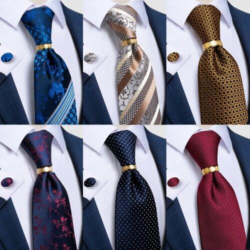 Blue Red Striped Floral Plaid Silk Tie Rings Mens Necktie Handkerchief Wedding Party Accessories Cravat Gift For Men DiBanGu
