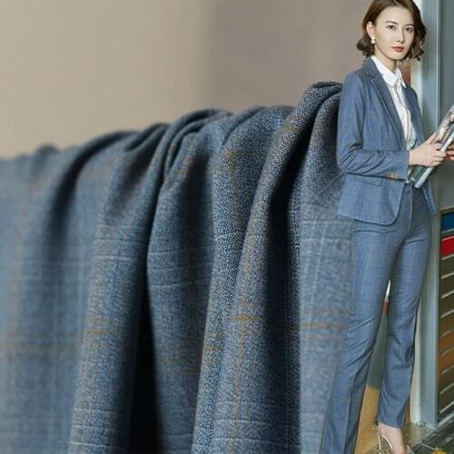 The Cloth Japanese Mist Blue Plaid Worsted Wool Fabrics 100%Wool Materials Autumn Women Pants Suits Sewing Cloth