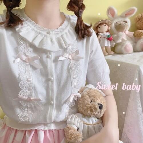 One Piece New Kawaii Lolita Knitting Sweet Cardigan Tops Japanese Cute Girl Ruffle Sweater Baby Doll Summer Women Shirt Clothing