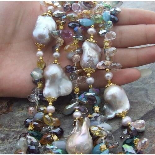 Y·YING 49'' 25MM Purple Nucleated Flameball Baroque Pearl top-Drilled Multi Color Teardrop Crystal long Necklace