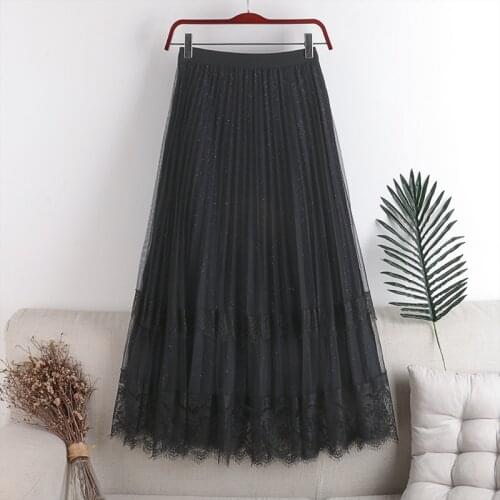 Elastic waist mesh stitching lace shiny lining mid-length Pleated skirt 2020 autumn winter new high waist is thin Skirt