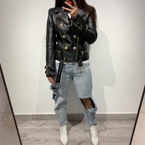 Women real leather jacket ladies zipper black genunie leather jacket