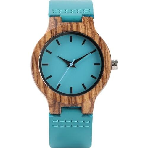 Women Quartz Wooden Watches Blue Genuine Leather Modern Minimalist Wooden Bamboo Ladies Watch Casual Clock Top Gifts