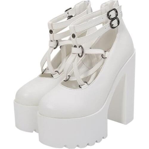 2020 New Platform Ultra 15CM Thick High Heels Waterproof Woman Shoes Sexy Pumps Party PU Buckle Strap Round Toe women shoes