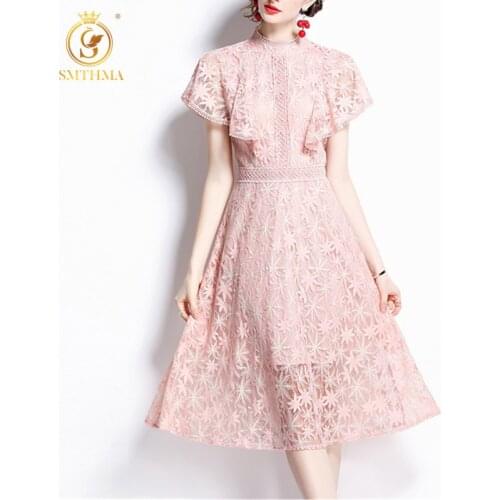SMTHMA Pink Lace Hollow Out Pleated Elegant Dress For Women Stand Collar Vintage Mid-Length Dresses Female 2021 New Clothes