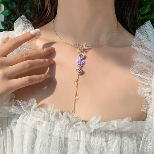 New Elegant Metal Round Chain Choker Jewelry Gifts For Women Girls Fashion Purple Gold Crystal Butterfly Necklace