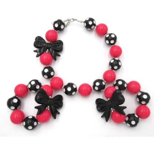 3pcs/set Nice Baby Girls Birthday Presents Handmade Toddler Resin Black Bow Chunky Bead Bubblegum Necklace Bracelet Jewelry Sets