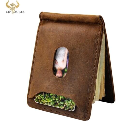 Brand Luxury Unisex Crazy Horse Leather Gift Designer Vintage Slim Wallet Front Pocket Magnet Money Clip Mini Clamp Purse 1098