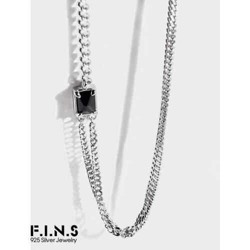 F.I.N.S Asymmetric Cuban Chain Authentic Sterling Silver 925 Necklace Vintage Retro Old Black Zircon Clavicle Chain Fine Jewelry