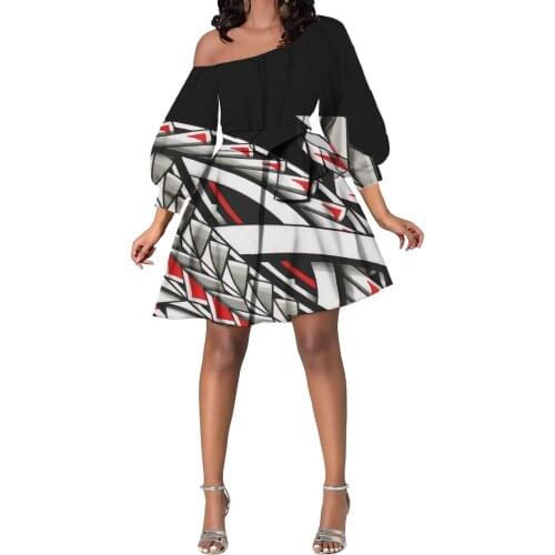 Hycool Hot Selling Polynesian Black/White Stripe Design Oblique Shoulder Honeymoon Dresses Women Casual Puffy Sleeve Short Dress