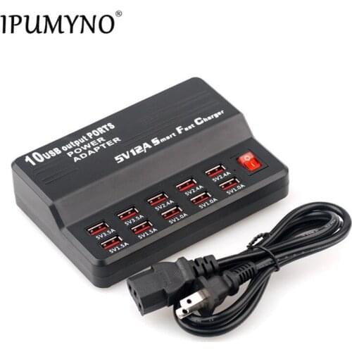 IPUMYNO EU US UK 10 Port Smart USB Charger Hub 60W Multi-Port USB Charging Station Wall Travel Charger for Smartphone Tablets